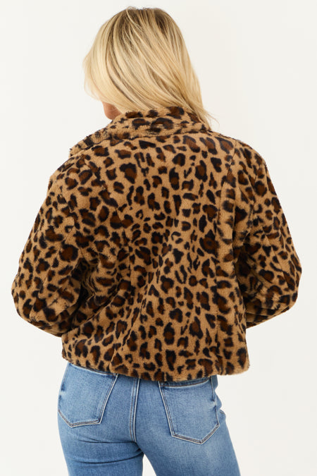 Camel Open Front Leopard Print Faux Fur Jacket