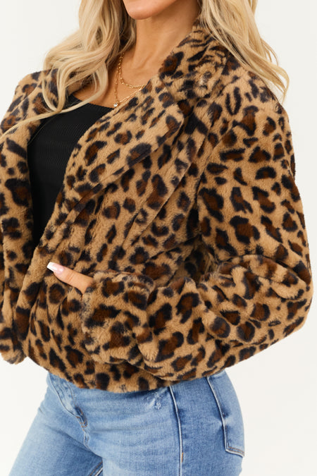 Camel Open Front Leopard Print Faux Fur Jacket