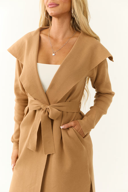 Camel Open Waist Tie Ribbed Knit Coat