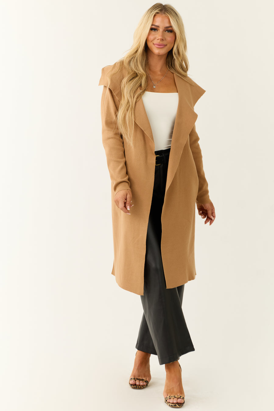 Camel Open Waist Tie Ribbed Knit Coat