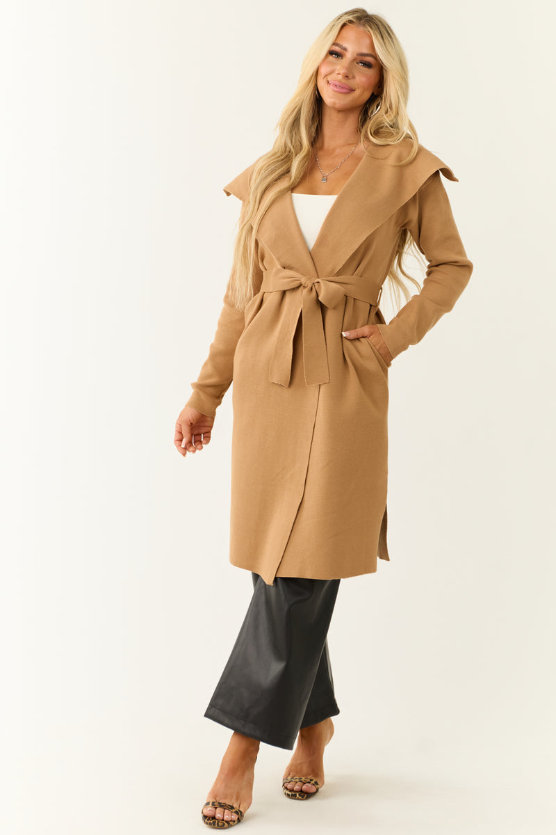 Camel Open Waist Tie Ribbed Knit Coat