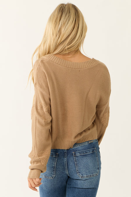 Camel Pearl Detail Long Sleeve V Neck Sweater