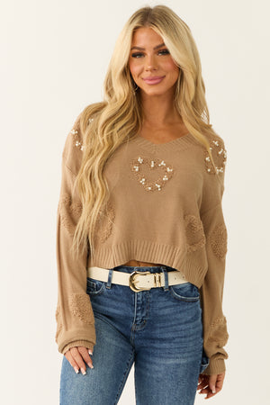 Camel Pearl Detail Long Sleeve V Neck Sweater