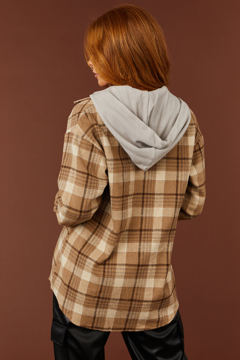 Camel Plaid Print Shacket with Optional Hood