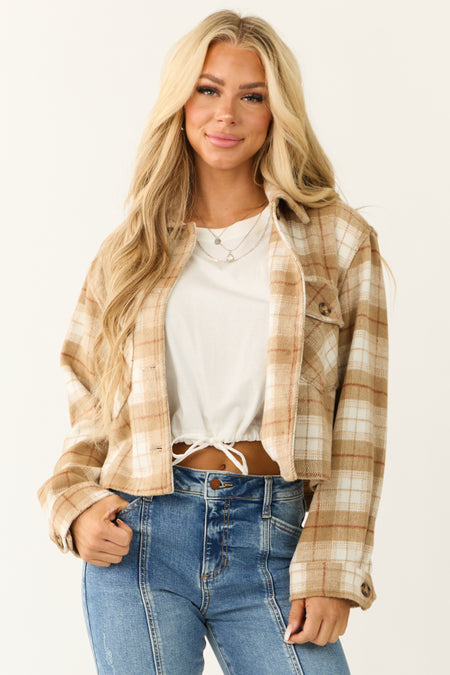 Camel Plaid Soft Fleece Cropped Shirt Jacket