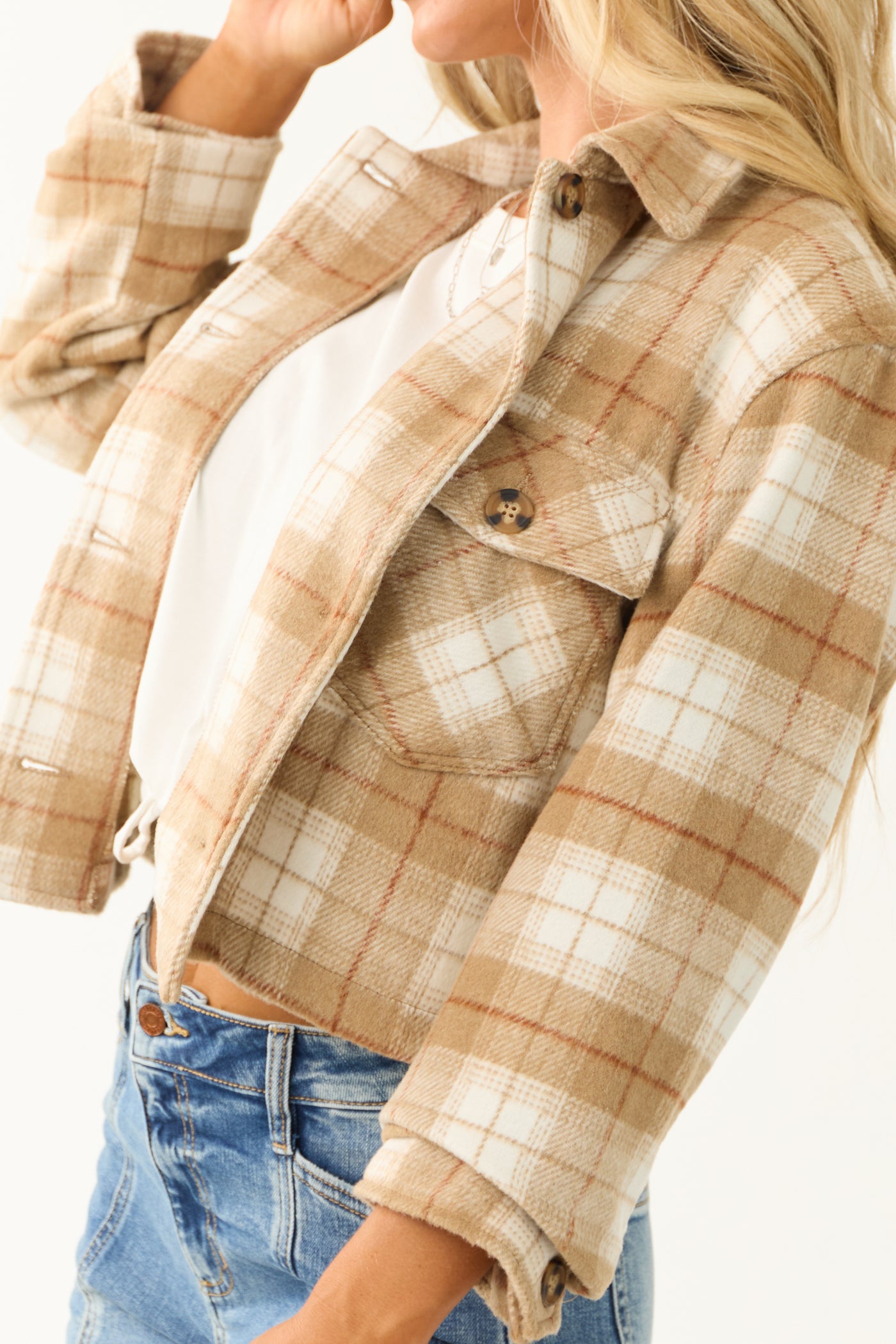 Camel Plaid Soft Fleece Cropped Shirt Jacket