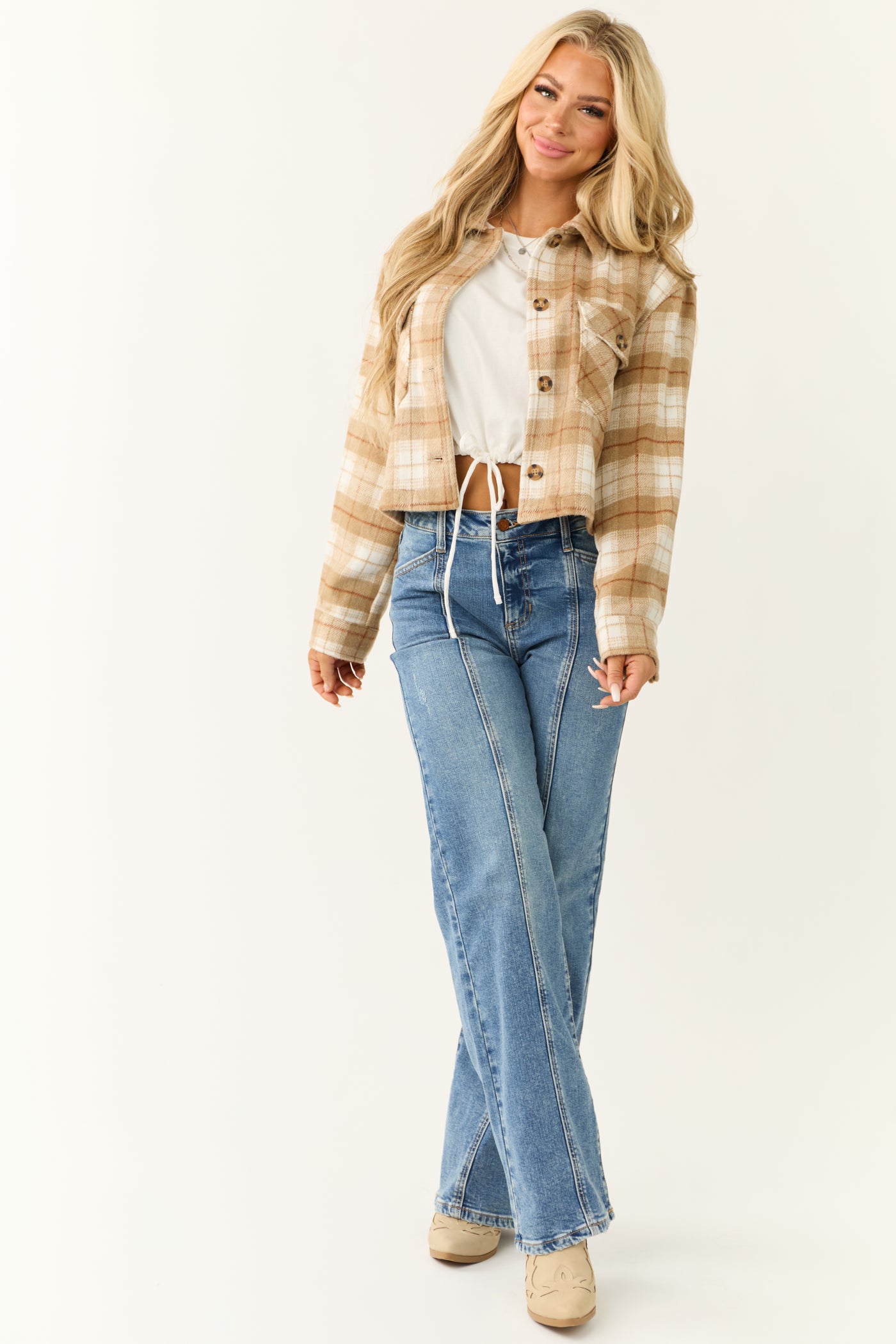 Camel Plaid Soft Fleece Cropped Shirt Jacket