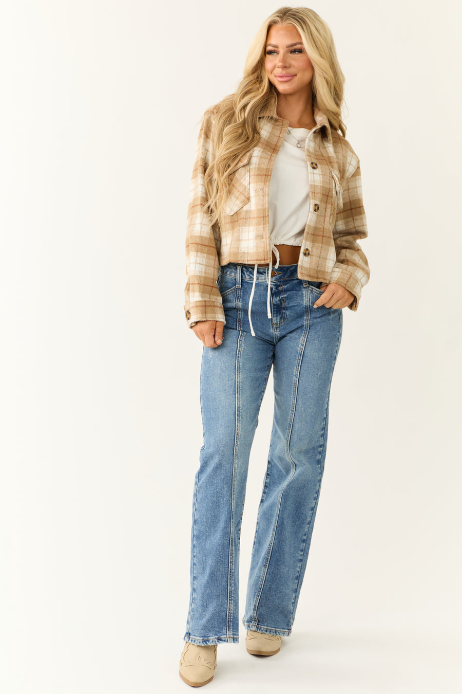 Camel Plaid Soft Fleece Cropped Shirt Jacket