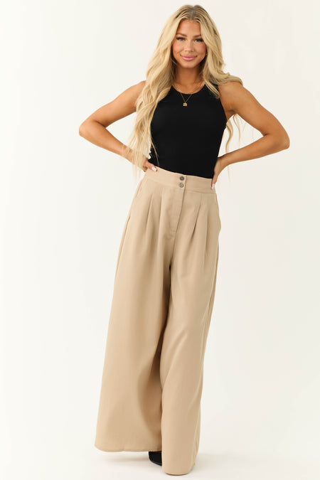 Camel Pleated Wide Leg High Waist Pants