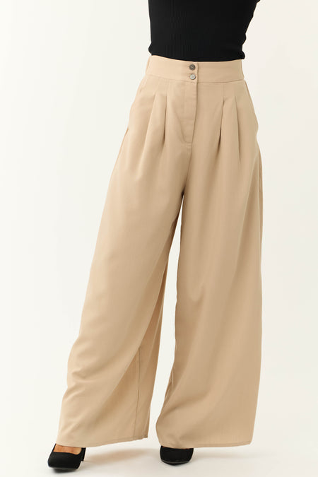 Camel Pleated Wide Leg High Waist Pants