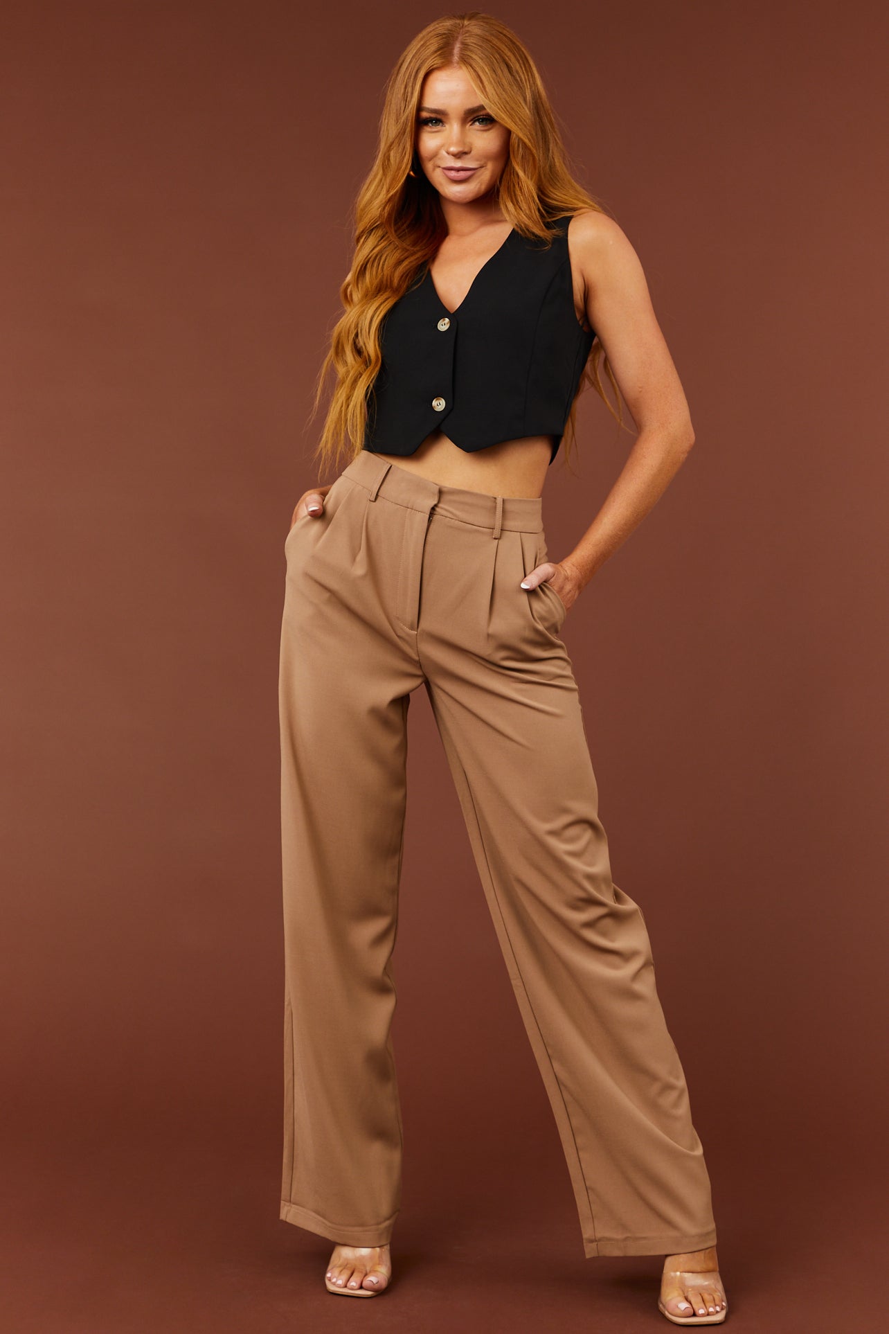 Camel Pleated Wide Leg Twill Pants | Lime Lush