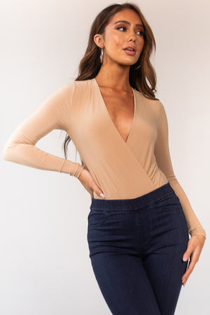 Camel Plunging Surplice Long Sleeve Bodysuit