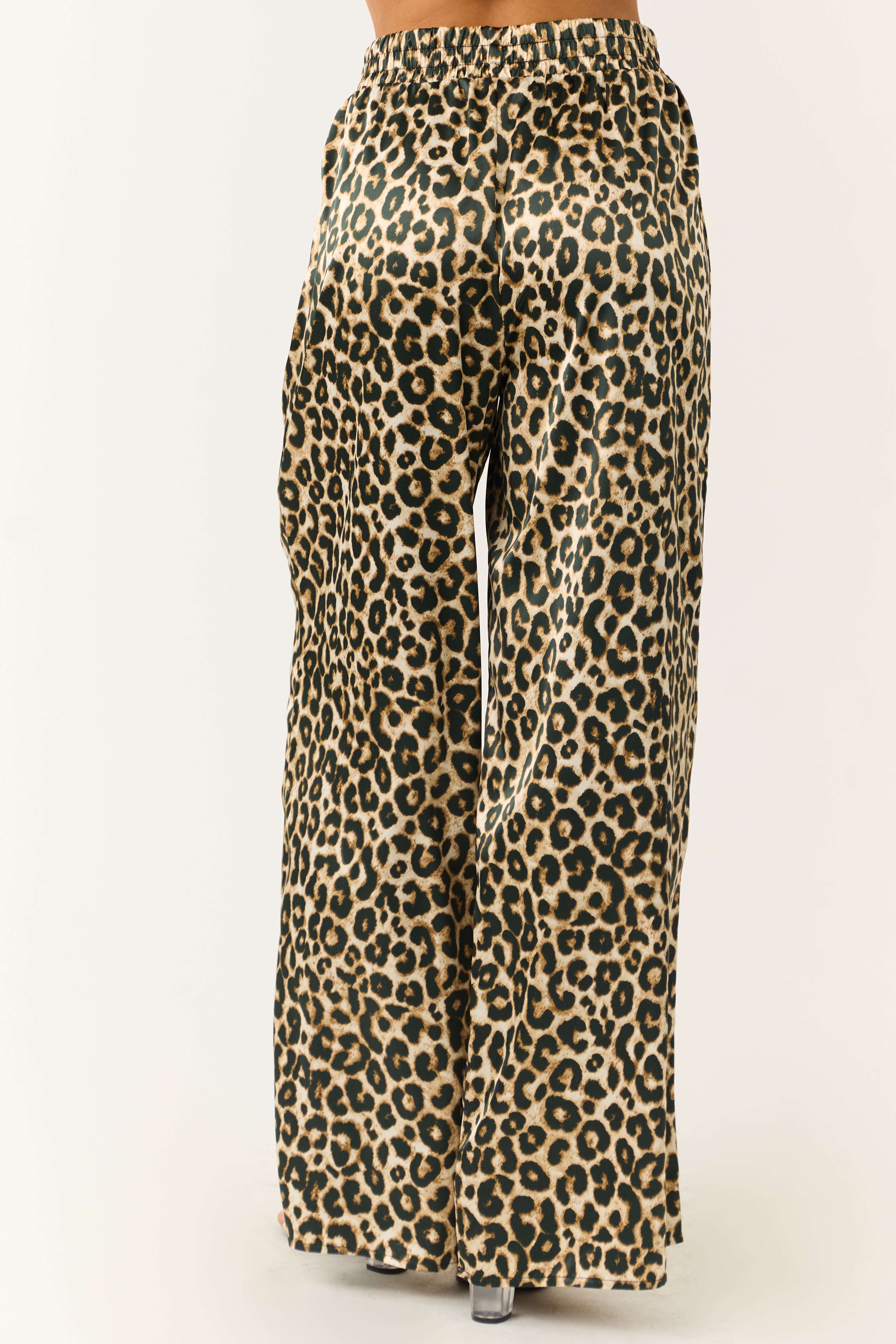 Camel Satin Leopard Print Wide Leg Pants