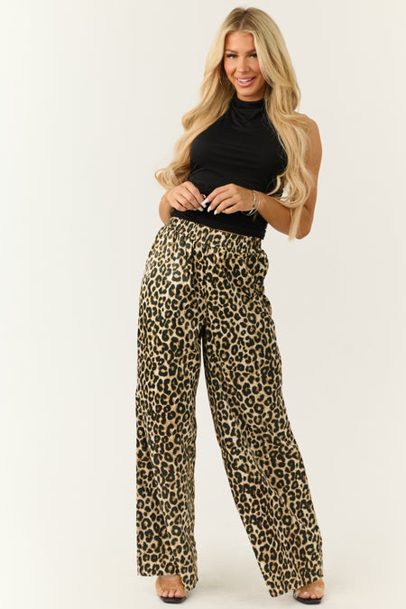 Camel Satin Leopard Print Wide Leg Pants