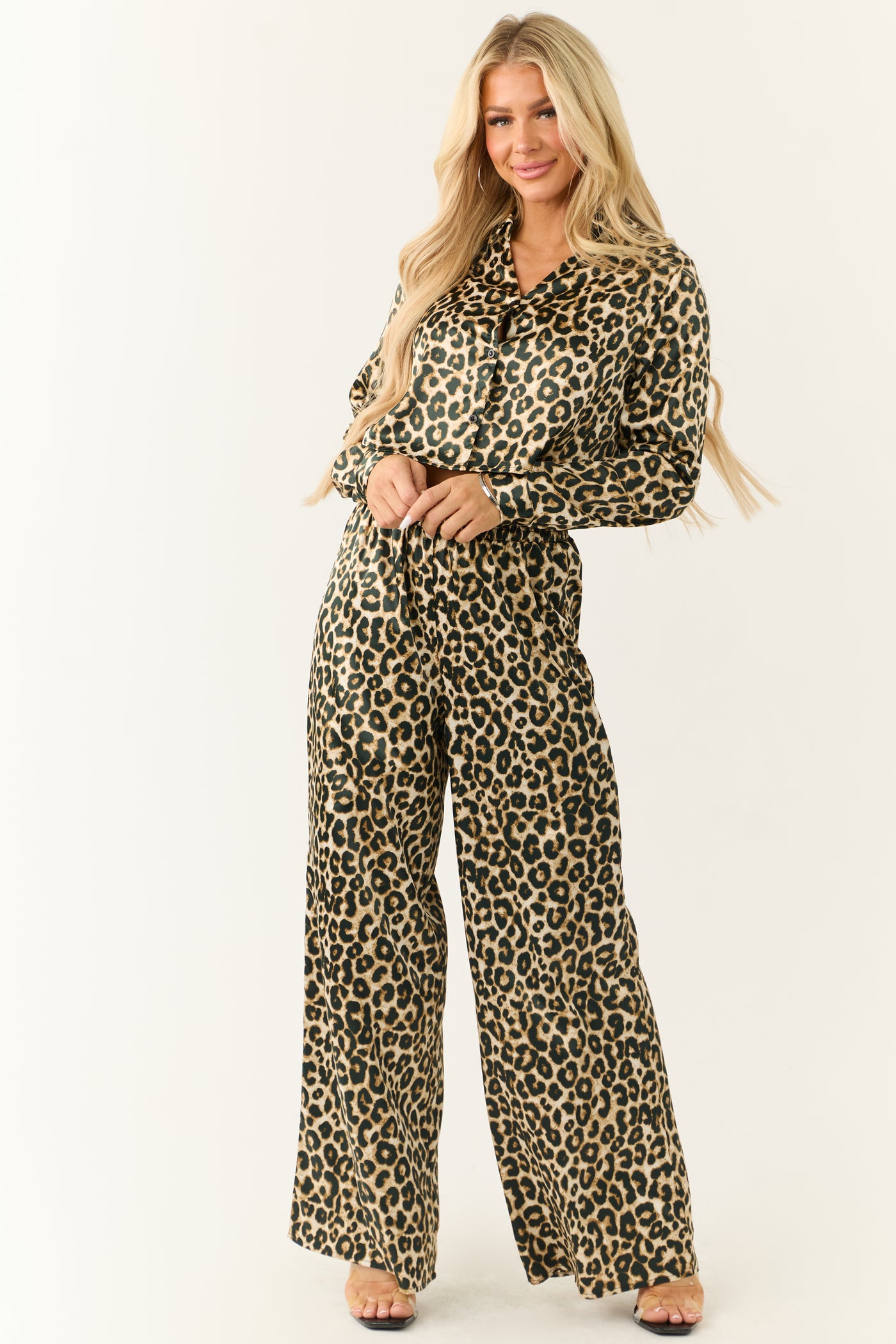 Camel Satin Leopard Print Wide Leg Pants