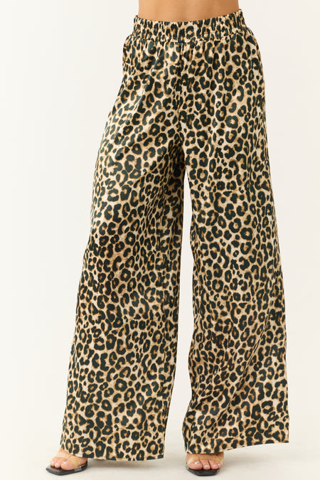 Camel Satin Leopard Print Wide Leg Pants