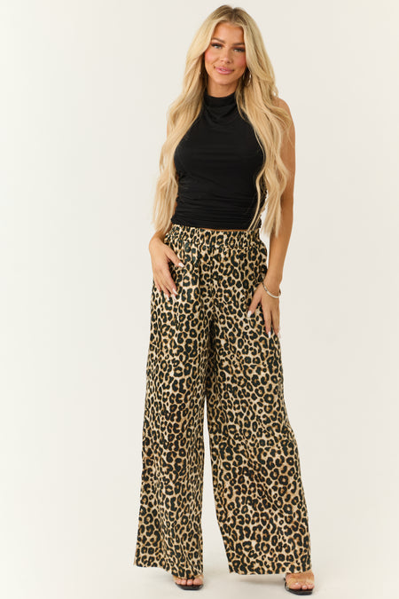 Camel Satin Leopard Print Wide Leg Pants