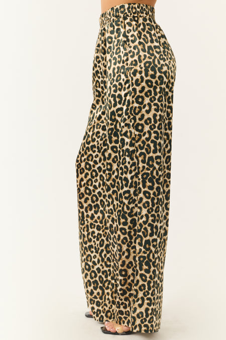 Camel Satin Leopard Print Wide Leg Pants