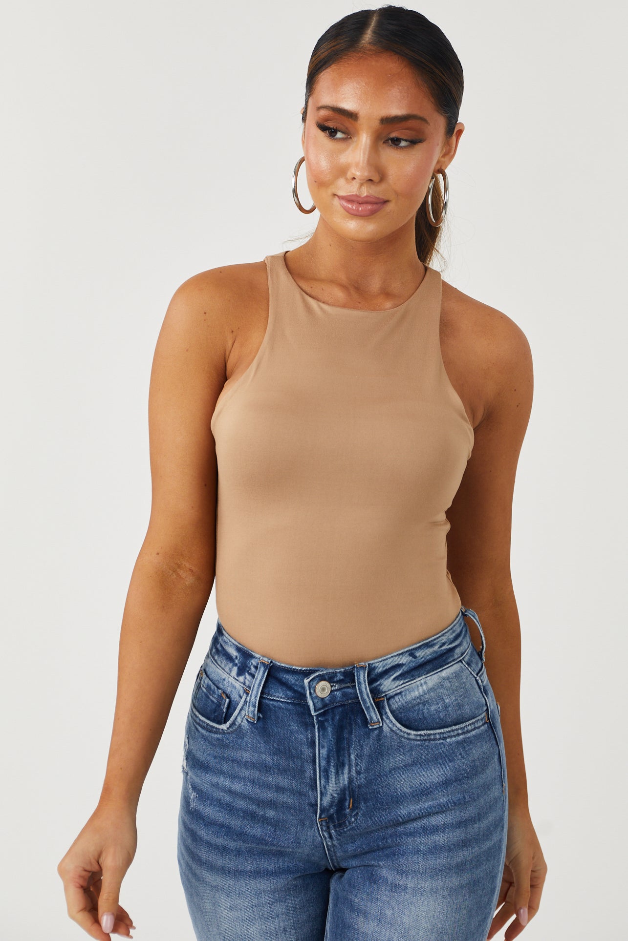 Camel Soft Brushed Knit Sleeveless Bodysuit