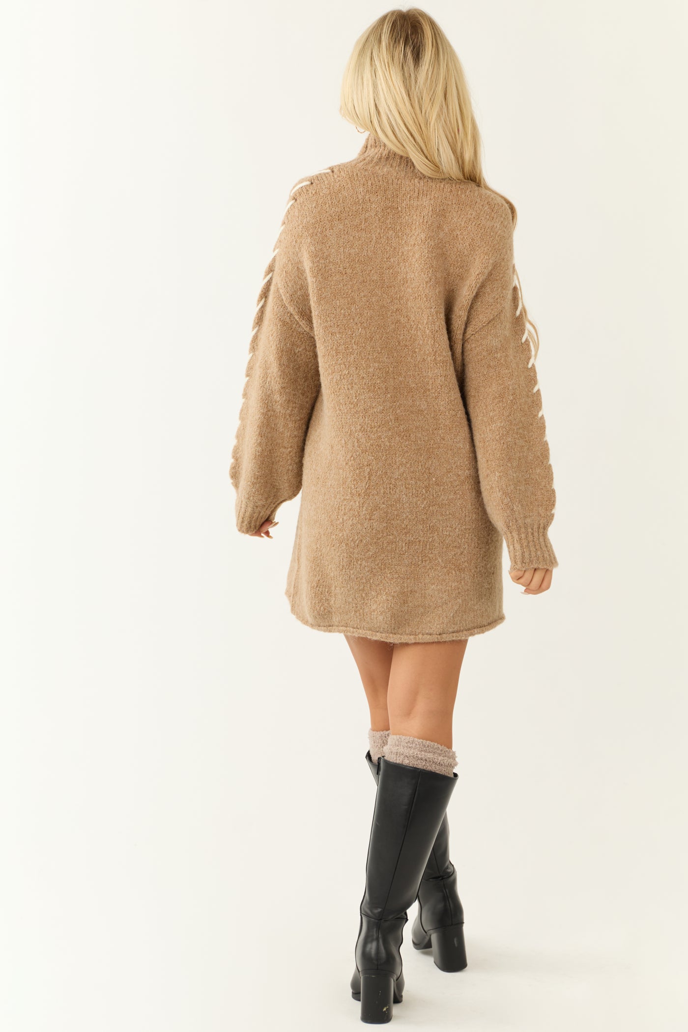 Camel Stitch Detail Mock Neck Sweater Dress