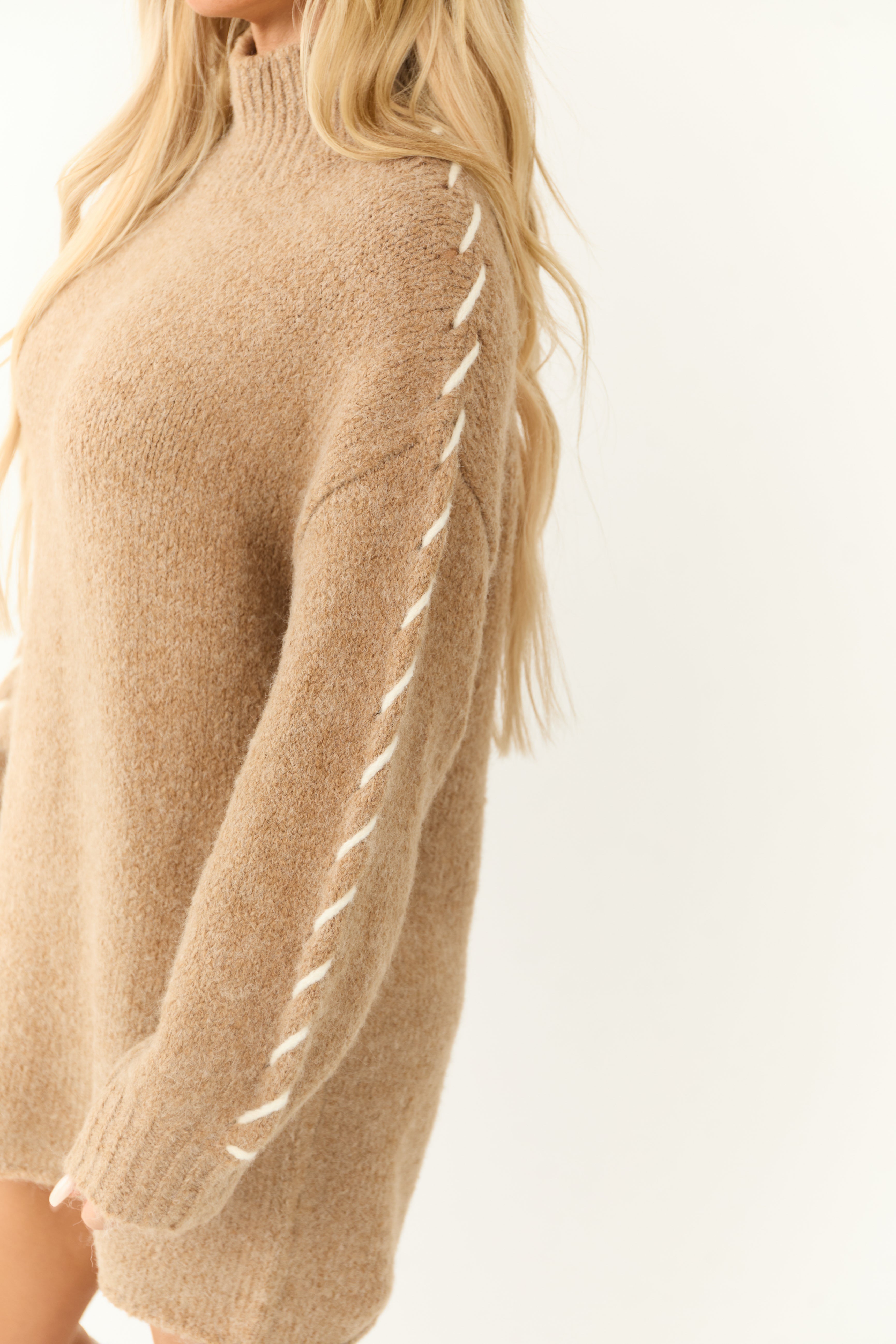 Camel Stitch Detail Mock Neck Sweater Dress