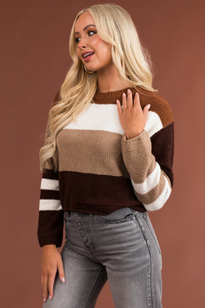 Camel Stripped Long Sleeve Soft Knit Sweater