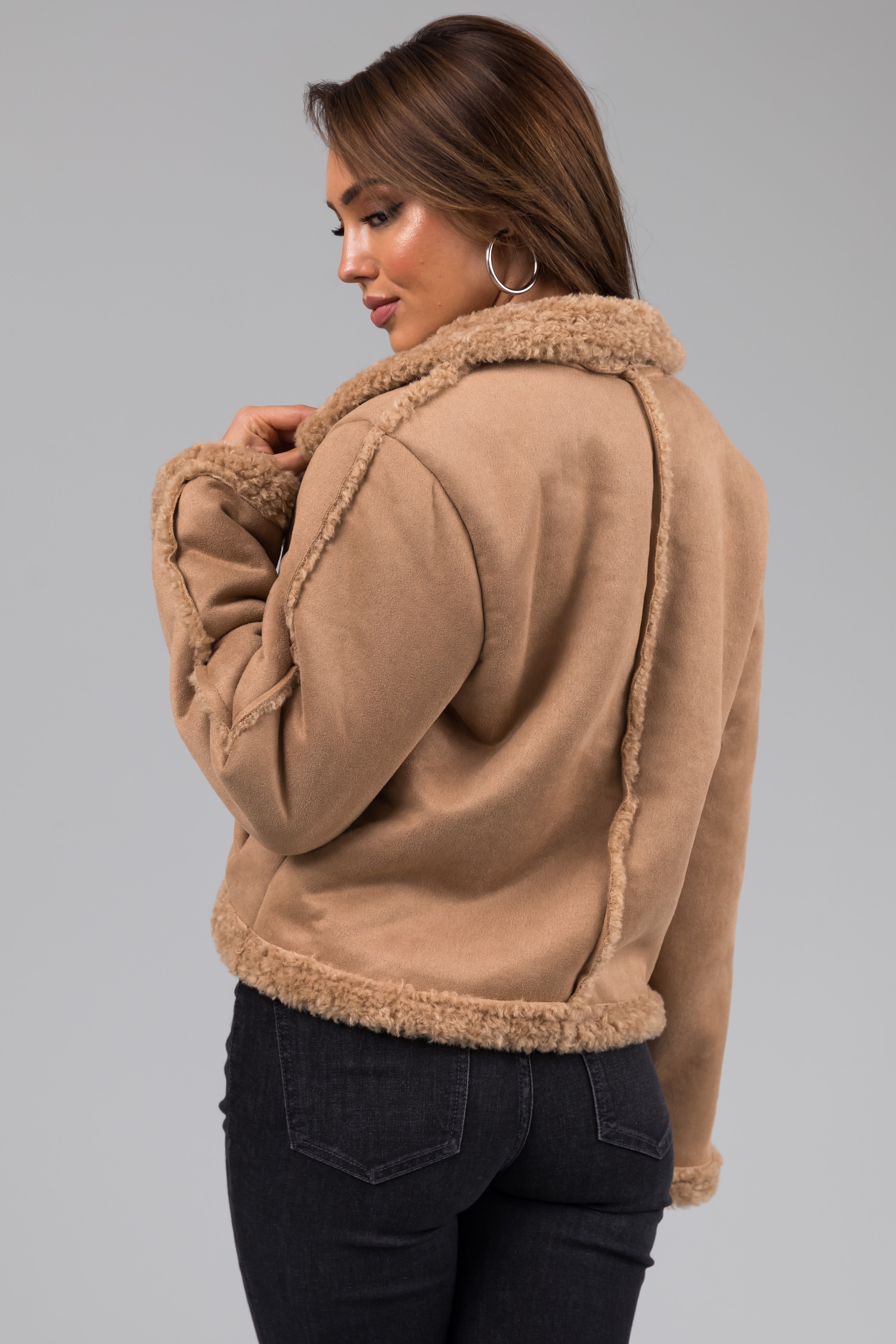 Camel Suede and Faux Fur Long Sleeve Jacket