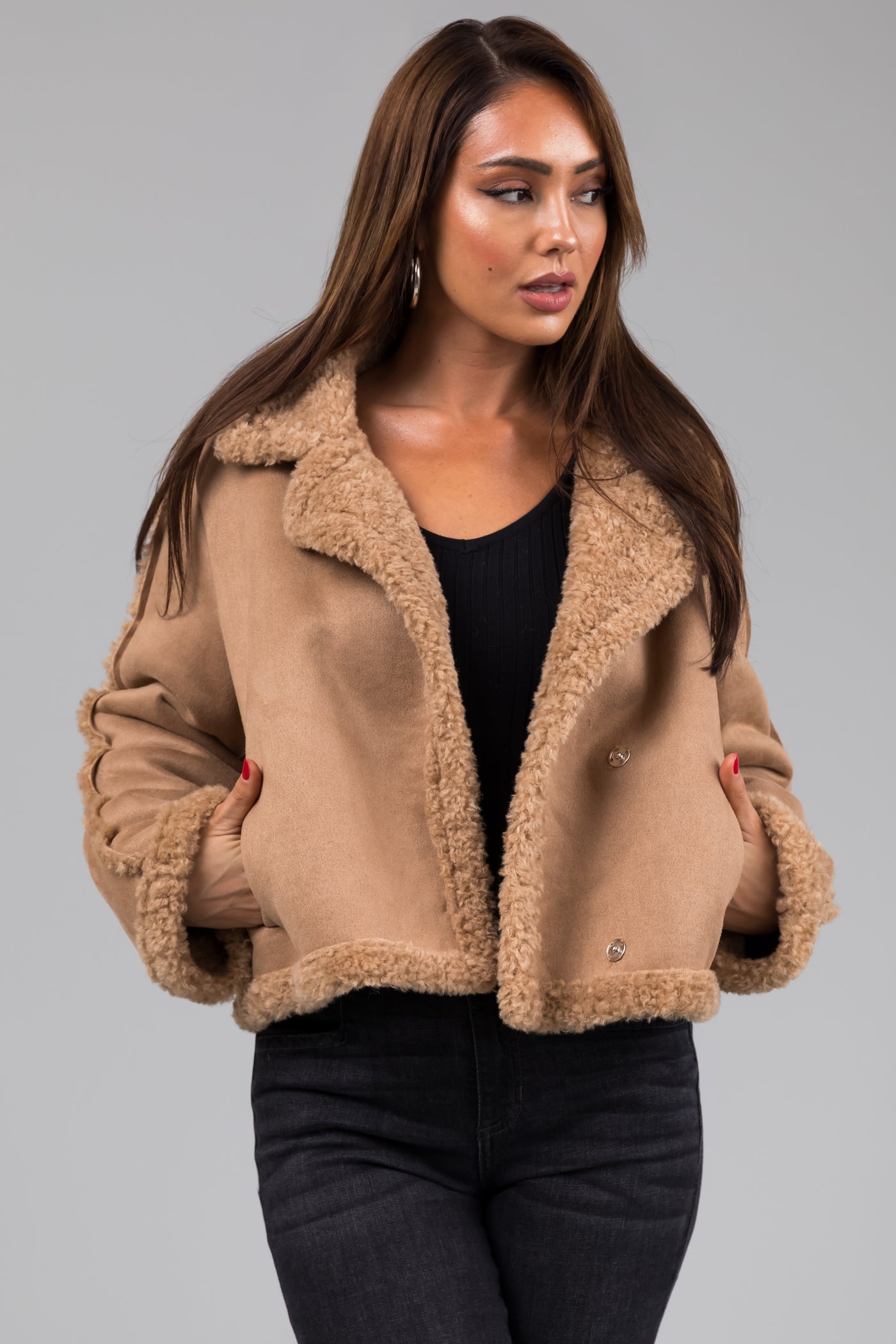 Camel Suede and Faux Fur Long Sleeve Jacket