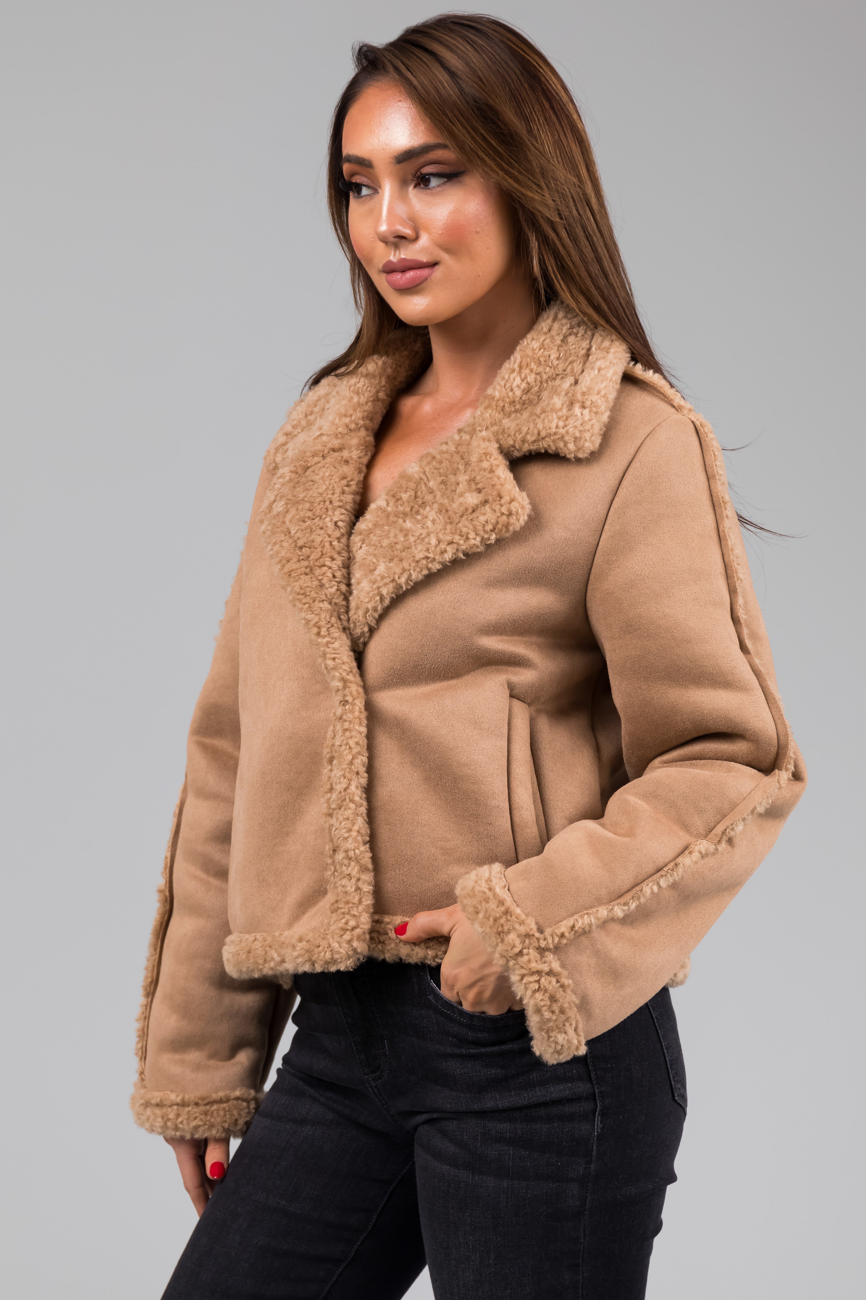 Camel Suede and Faux Fur Long Sleeve Jacket