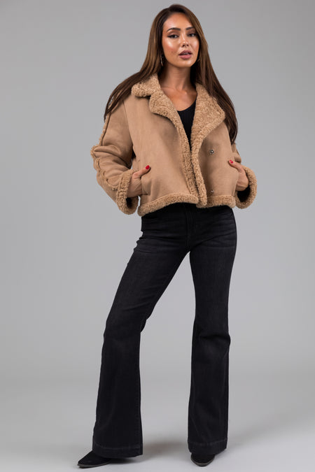 Camel Suede and Faux Fur Long Sleeve Jacket