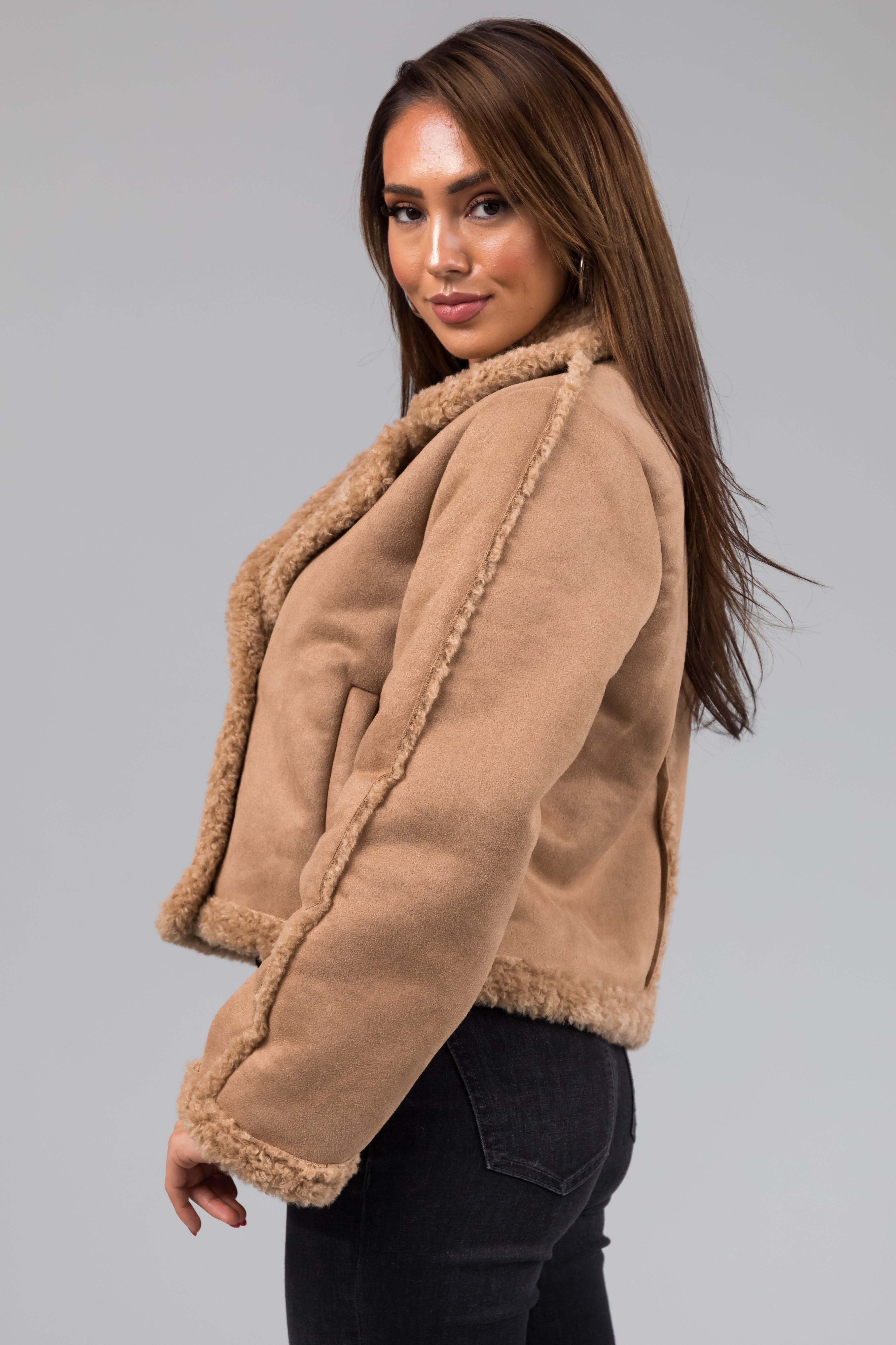 Camel Suede and Faux Fur Long Sleeve Jacket