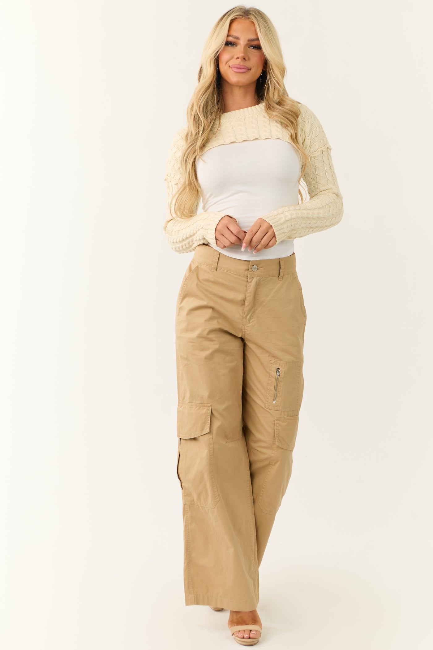 Camel Wide Leg High Rise Cargo Pants