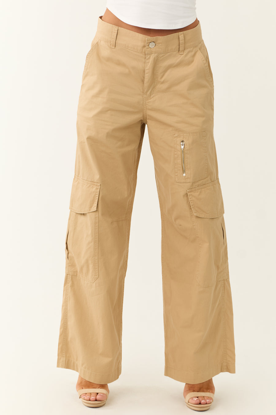 Camel Wide Leg High Rise Cargo Pants