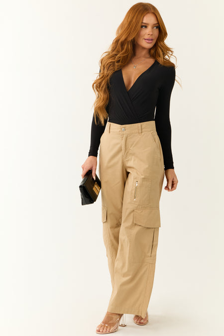 Camel Wide Leg High Rise Cargo Pants