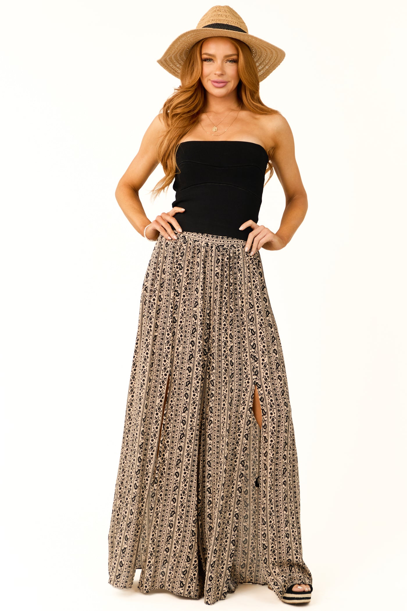 Camel and Black Abstract Print Side Slit Pants