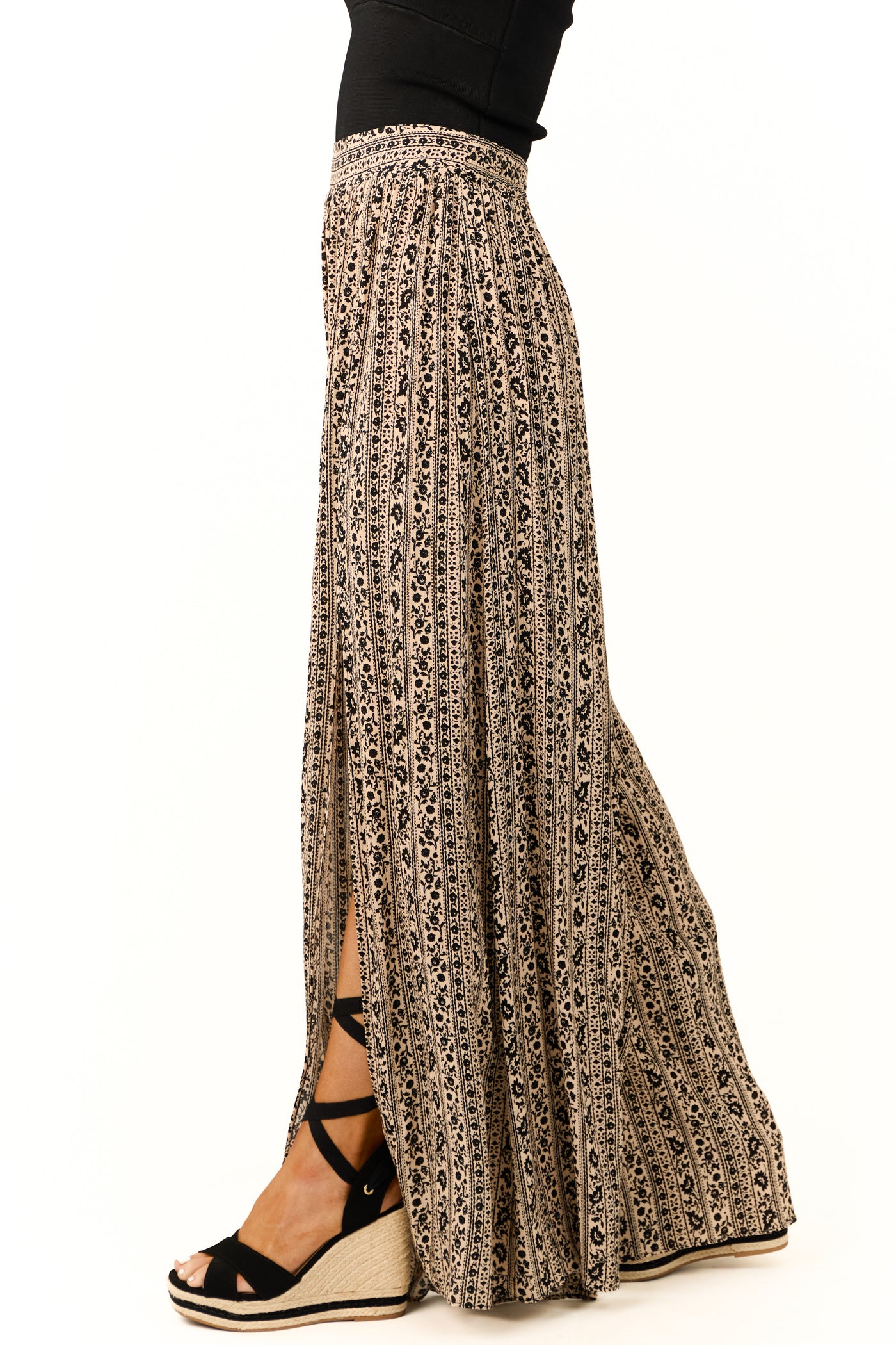 Camel and Black Abstract Print Side Slit Pants