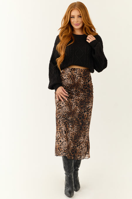 Camel and Black Leopard Print Midi Skirt