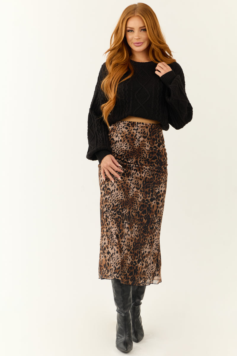 Camel and Black Leopard Print Midi Skirt