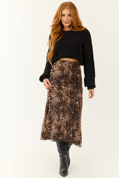 Camel and Black Leopard Print Midi Skirt