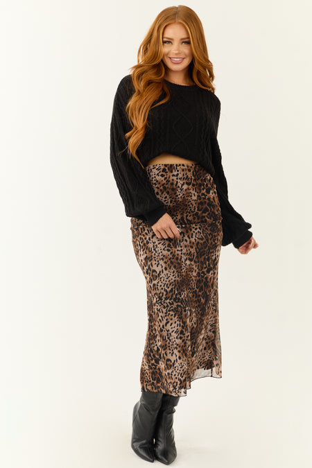 Camel and Black Leopard Print Midi Skirt