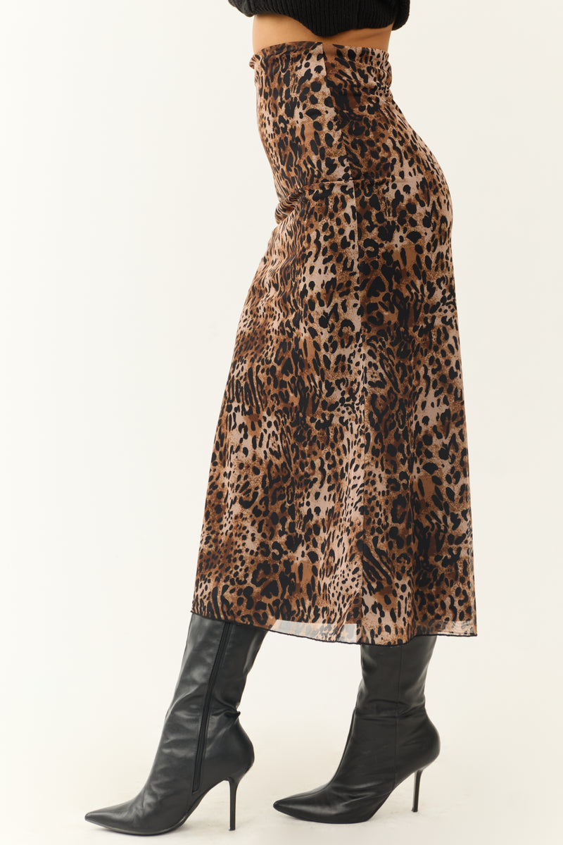 Camel and Black Leopard Print Midi Skirt