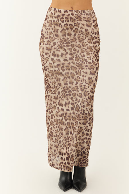 Camel and Cocoa Leopard Print Mesh Maxi Skirt