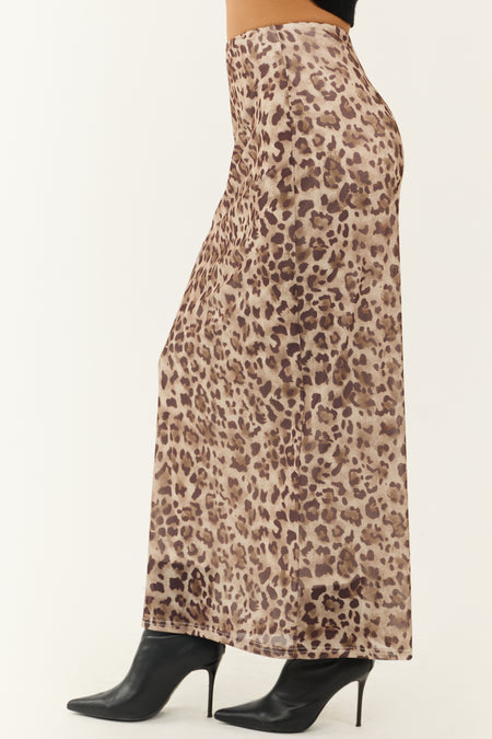 Camel and Cocoa Leopard Print Mesh Maxi Skirt