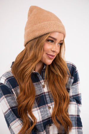 Camel Eyelash Faux Fur Ribbed Beanie