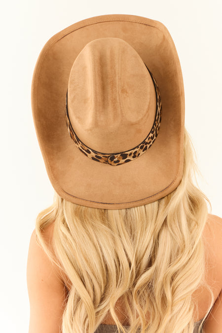 Camel Leopard Print Band Faux Suede Cowboy Hat