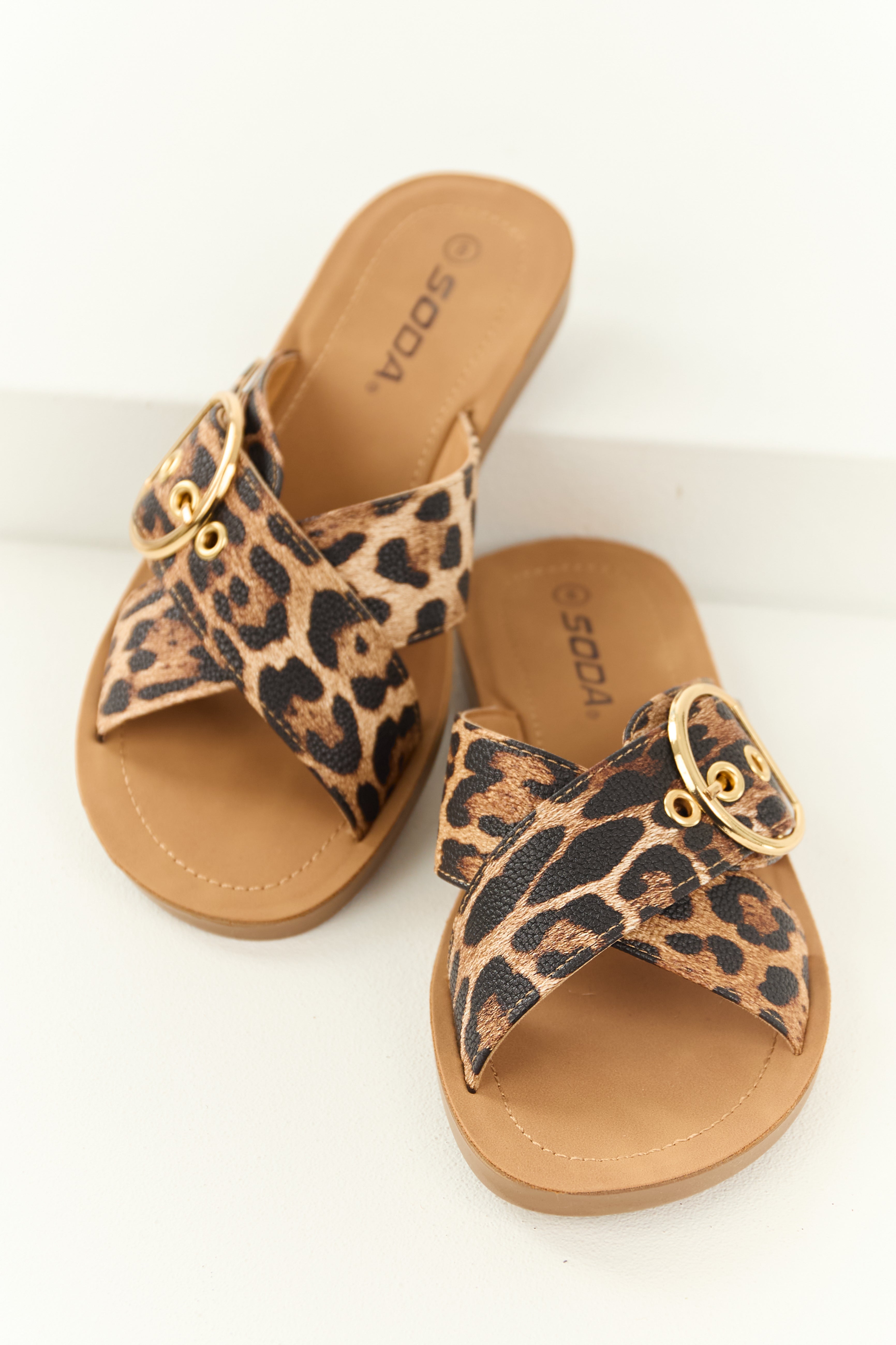 Camel Leopard Print Cross Strap Sandals