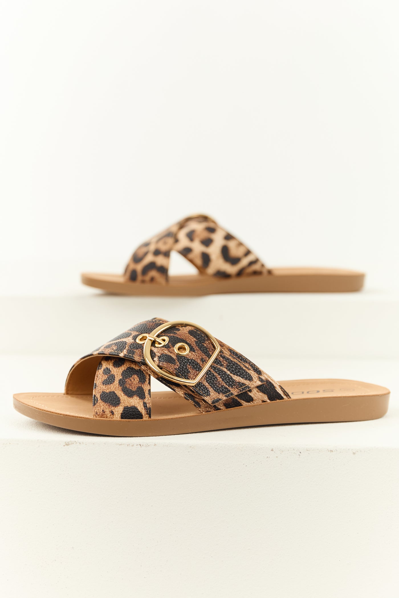 Camel Leopard Print Cross Strap Sandals