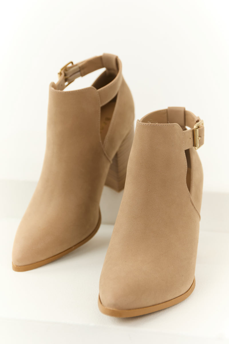 Camel Pointed Toe Block Heel Ankle Buckle Booties