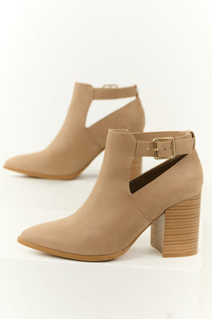 Camel Pointed Toe Block Heel Ankle Buckle Booties