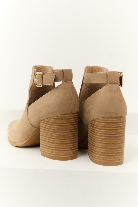 Camel Pointed Toe Block Heel Ankle Buckle Booties